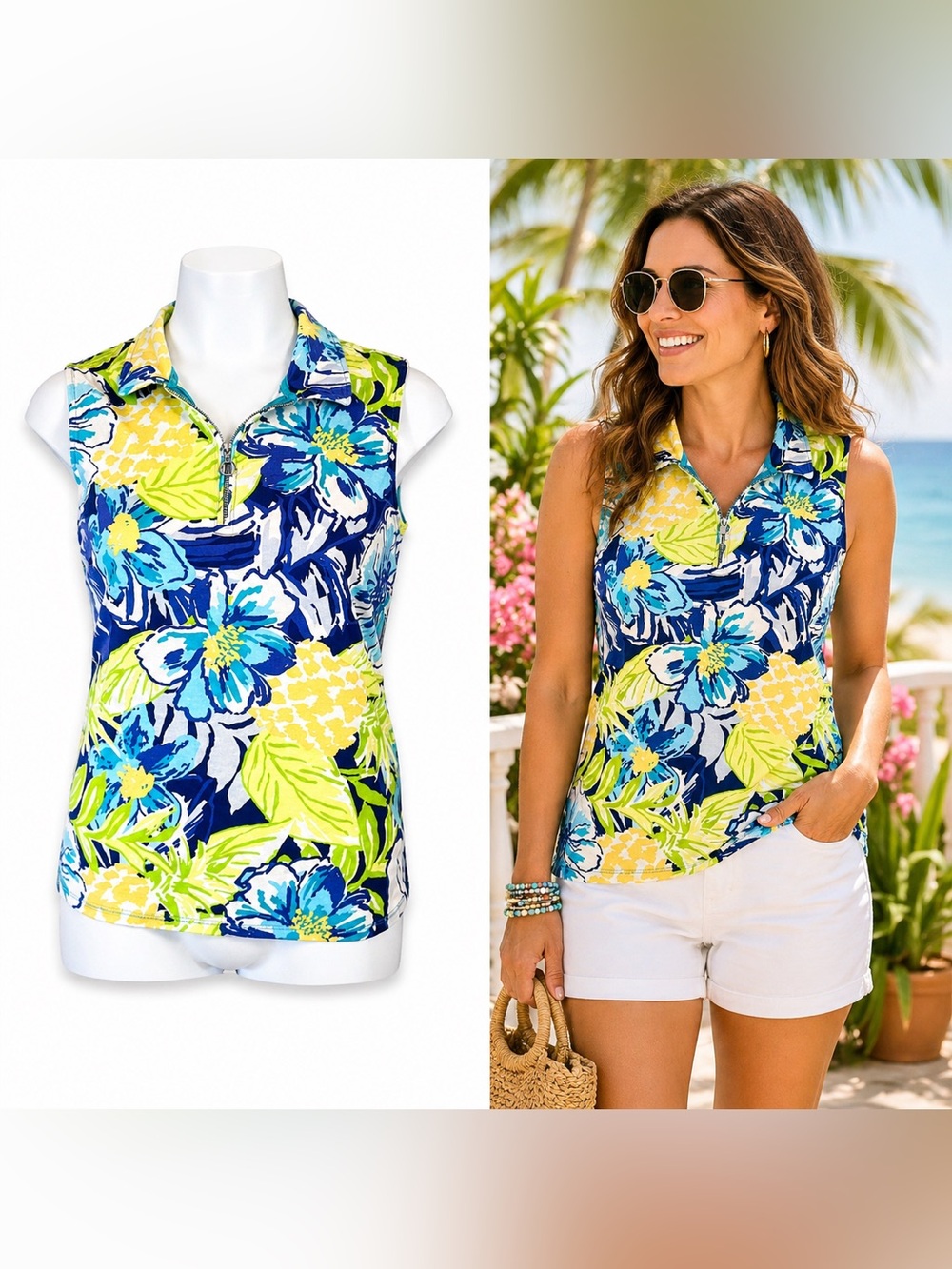 Rafaella XL Tropical Floral Sleeveless Zip Neck Blue Green Yellow Summer Resort